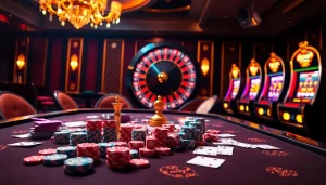 Exciting casino scene at https://shbet.law/ with poker chips, playing cards, and a roulette wheel.