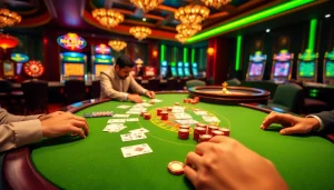 Players engaging at a poker table representing the energetic atmosphere of 7upbet casino.