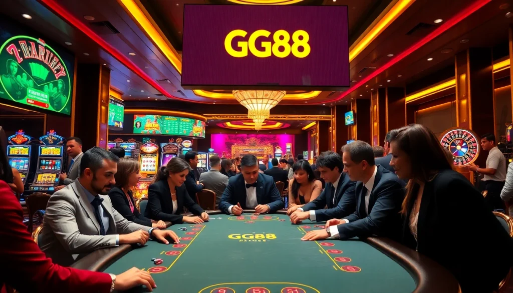 Experience the excitement of GG88 at a vibrant poker table in a luxurious casino setting.
