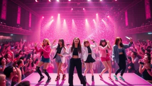 Exciting BLACKPINK news with members performing on stage, captivating an enthusiastic crowd.
