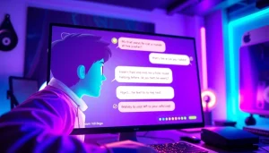 Interactive character AI NSFW chat display featuring customizable avatars in a high-tech workspace.