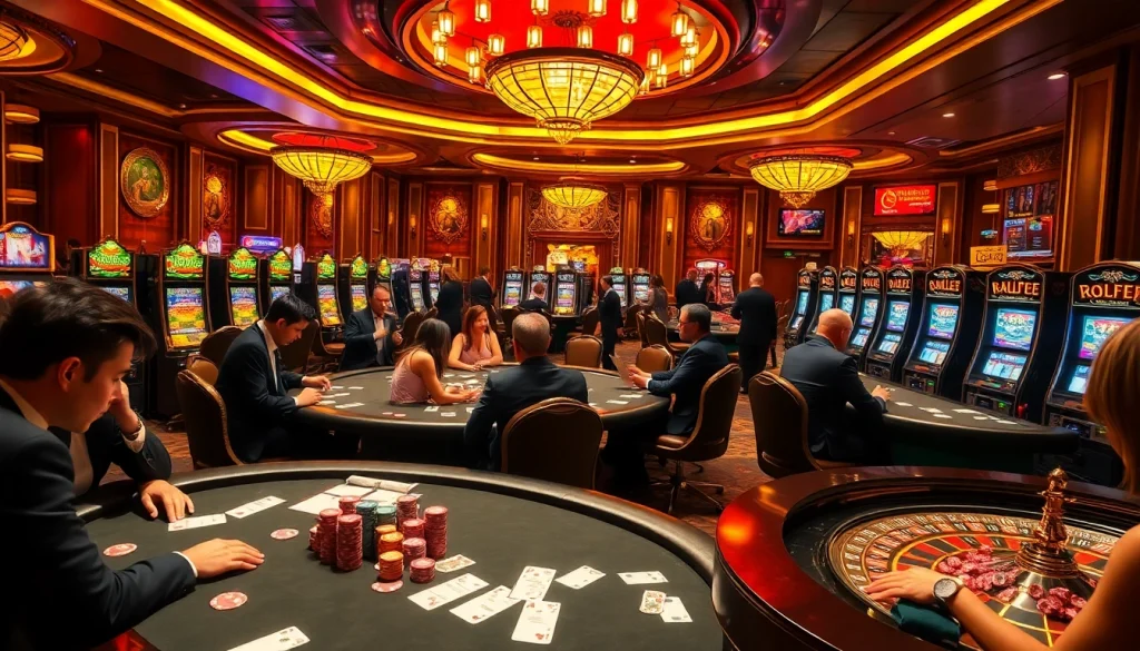 Heart-pounding action on the gaming floor at https://rr88.navy/ with poker players and vibrant slot machines.