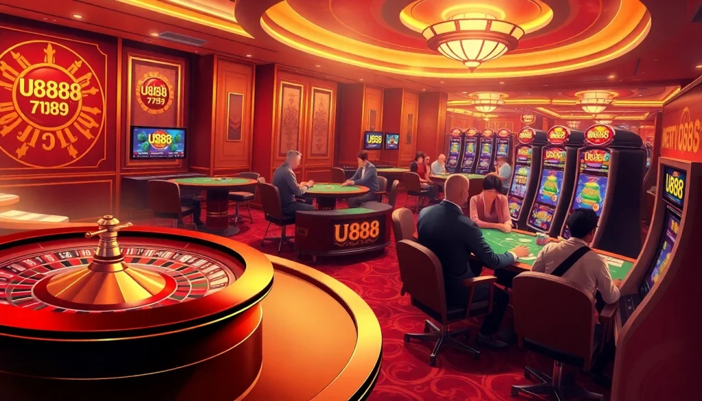 U888 players strategically placing bets at a vibrant online casino with roulette and poker tables.