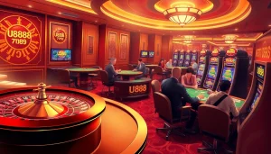 U888 players strategically placing bets at a vibrant online casino with roulette and poker tables.