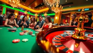 Excited players engaging in poker at Man88's luxurious casino table, showcasing vibrant action.