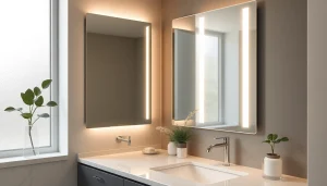 A beautifully designed mirror with Lights enhancing a modern bathroom's ambiance.