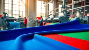 Spandex stof in kleurrijke rollen in een dynamische textielproductieomgeving.