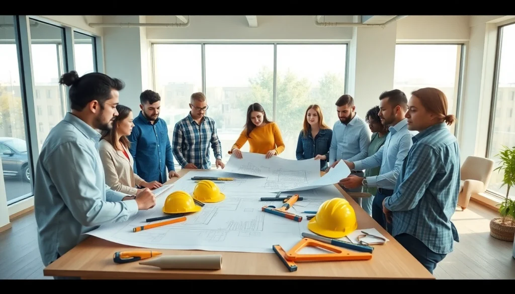 Builders collaborating on plans at the Texas association of builders meeting table.