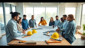 Builders collaborating on plans at the Texas association of builders meeting table.