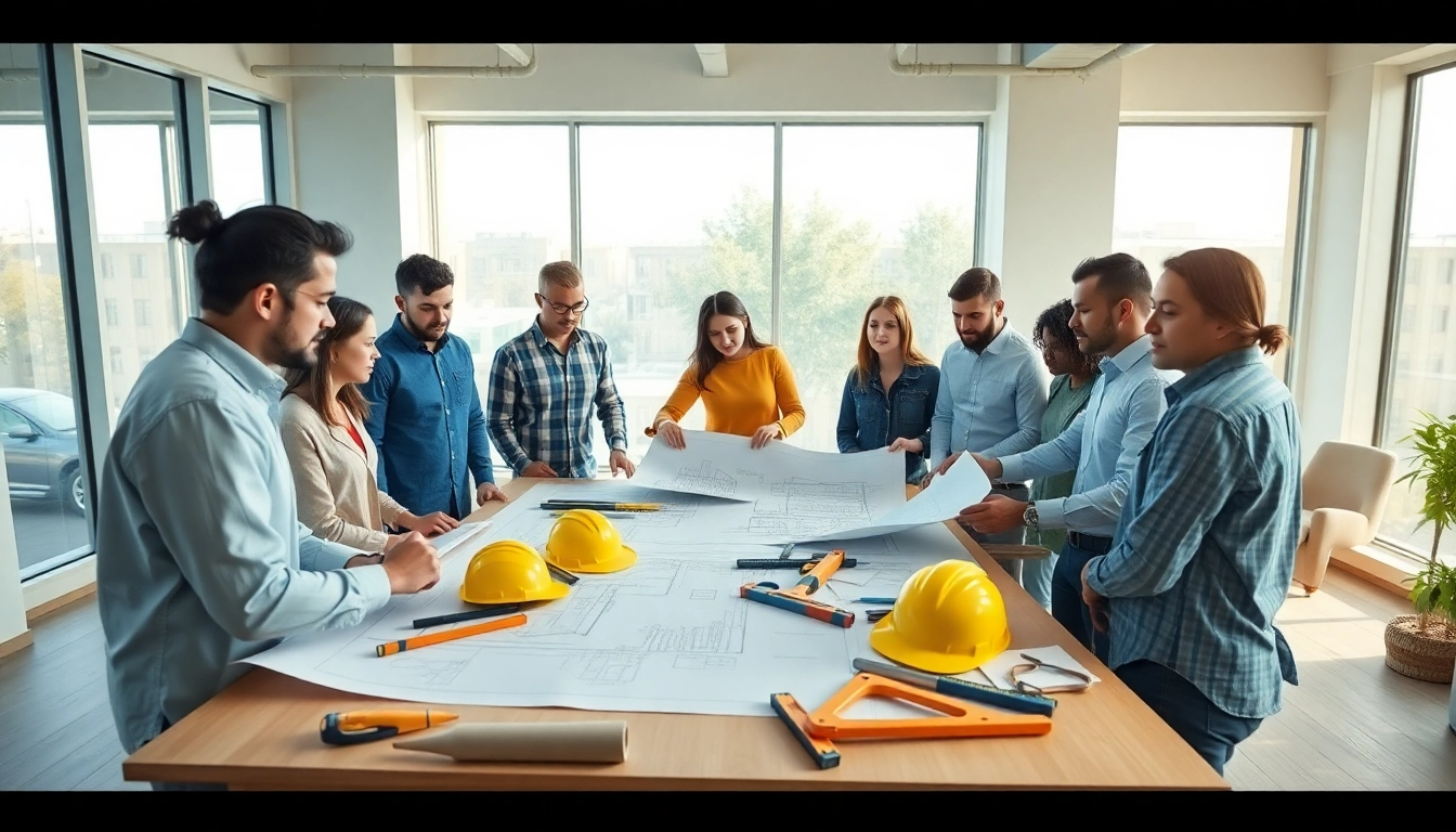 Builders collaborating on plans at the Texas association of builders meeting table.