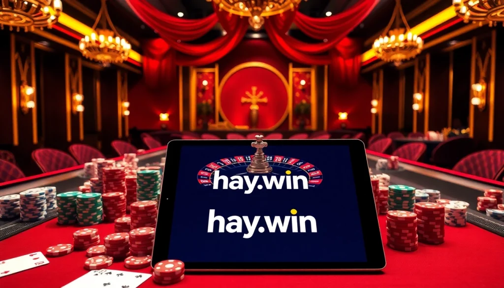 Experience the thrill of gaming at hay.win with vibrant casino visuals featuring poker chips and roulette.