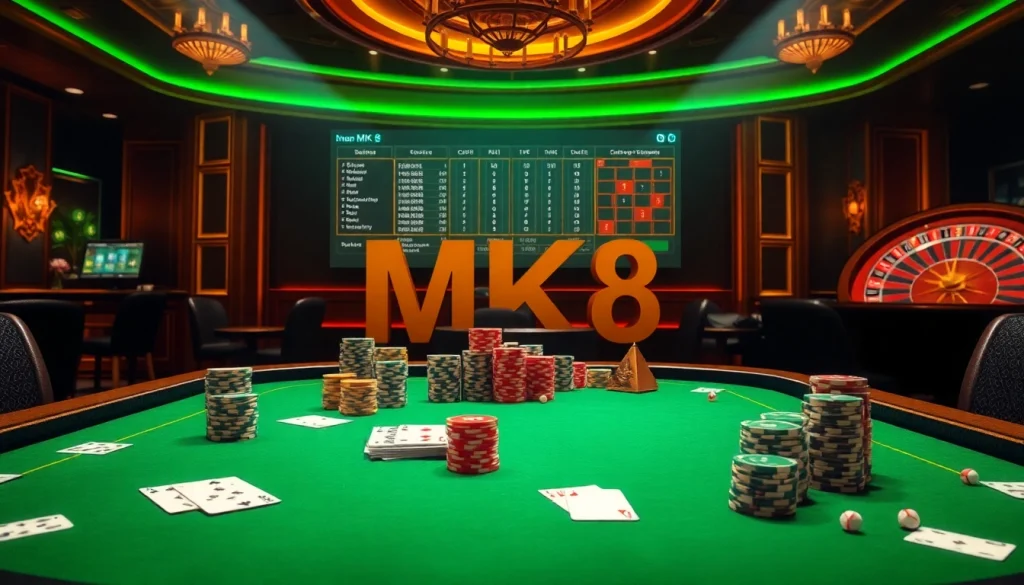 Engaging gambling scene with MK8 online betting elements and luxury casino ambiance.