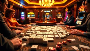 Engaging players enjoying link mahjong at a luxurious casino table with vibrant lighting.