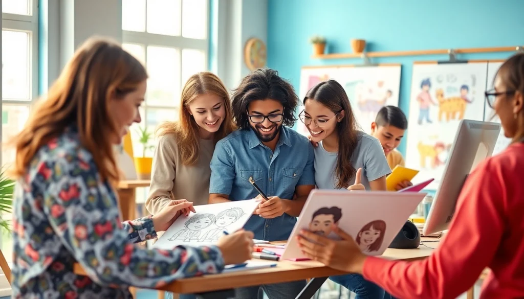 뉴토끼 웹툰의 다양한 캐릭터와 그림을 그리는 아티스트들이 협업하는 장면