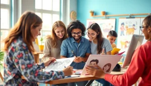 뉴토끼 웹툰의 다양한 캐릭터와 그림을 그리는 아티스트들이 협업하는 장면
