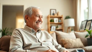 Engaging scene of senior care austin tx highlighting caregiver and elderly man in a warm home environment.