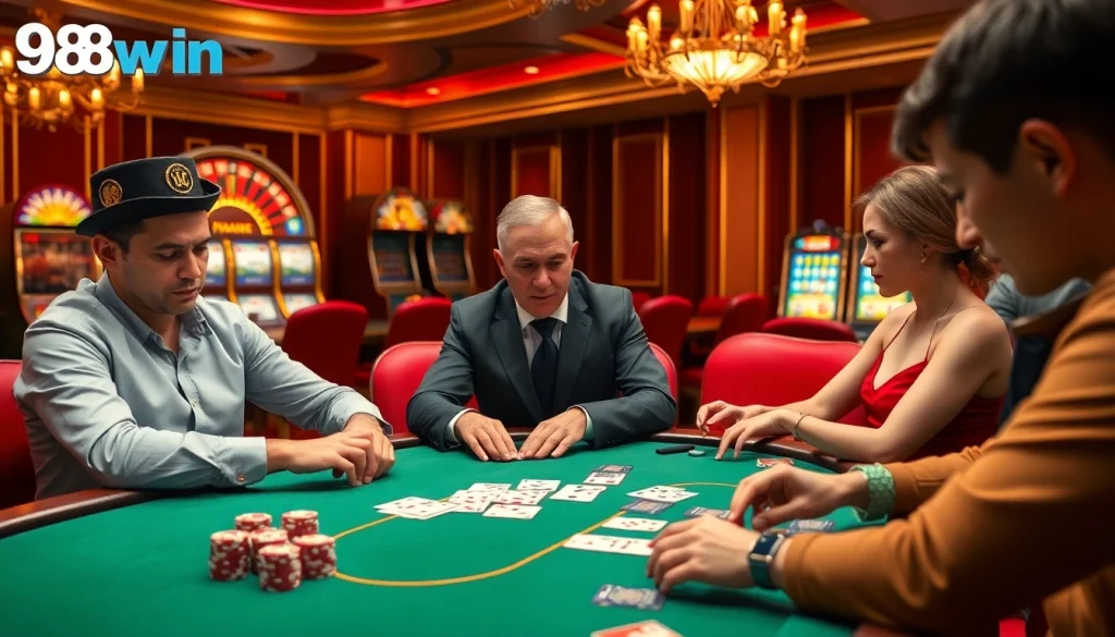 Intense poker game at 98win trang chủ with players focusing on strategy and betting.