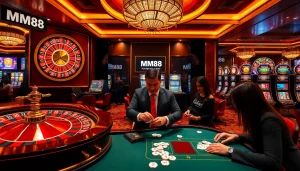Engaging casino scene with MM88 branding and thrilling poker action.
