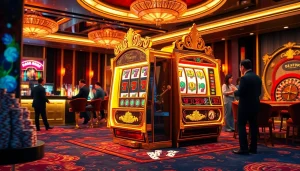 Engaging scene of a slot deposit pulsa user winning big at an elegant slot machine in a luxury casino.