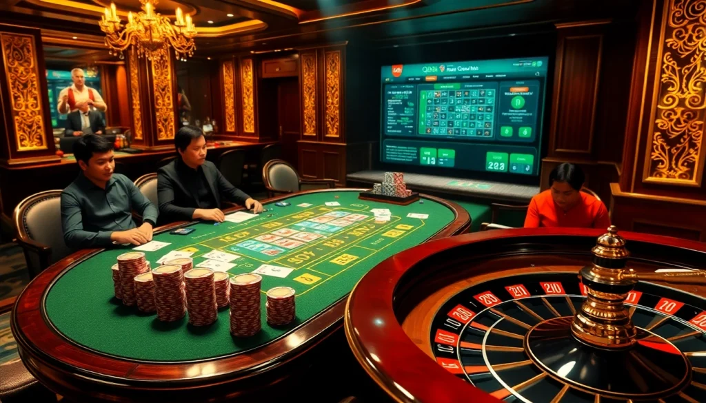 Engaged players enjoying a game at Trang chủ QQ88 casino with vibrant poker chips and cards.