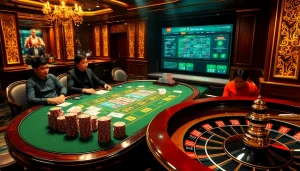 Engaged players enjoying a game at Trang chủ QQ88 casino with vibrant poker chips and cards.