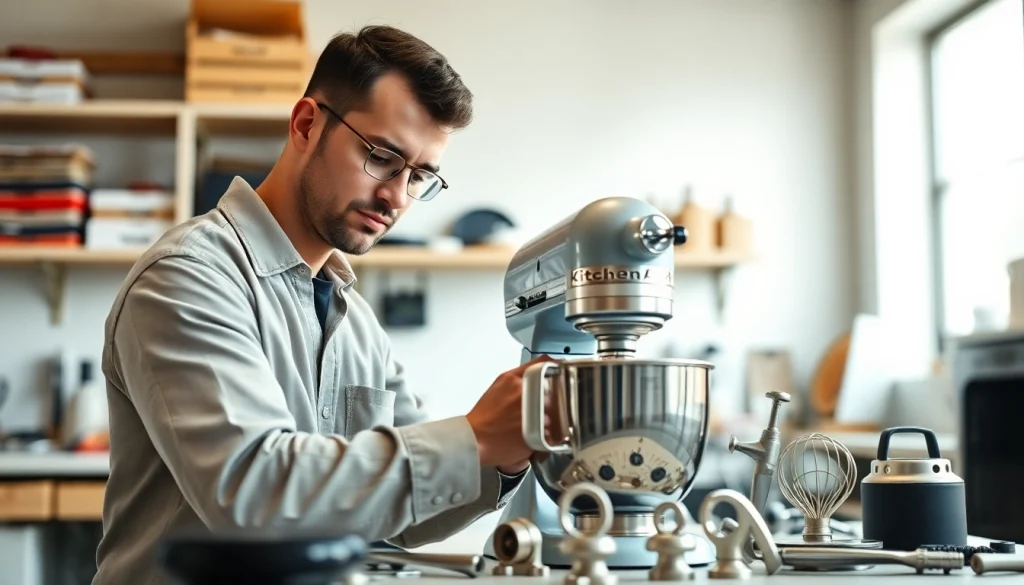 Expert KitchenAid appliance repair ottawa showcasing a technician working on a mixer with tools.