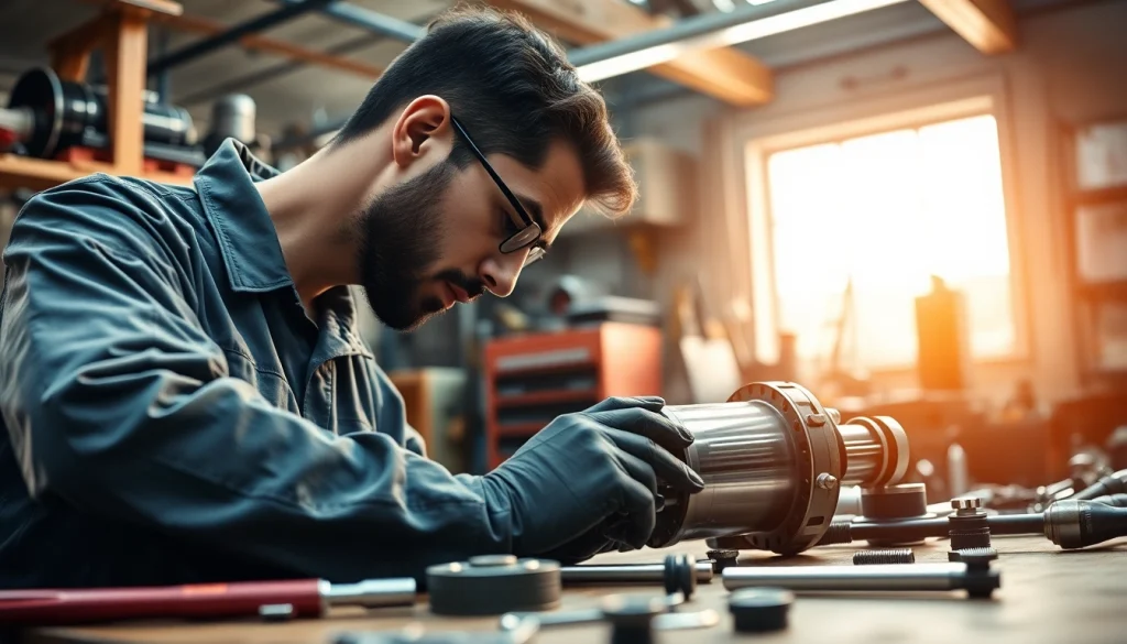 Skilled technician performing hydraulic cylinder repair while analyzing components in the workshop.