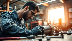 Skilled technician performing hydraulic cylinder repair while analyzing components in the workshop.