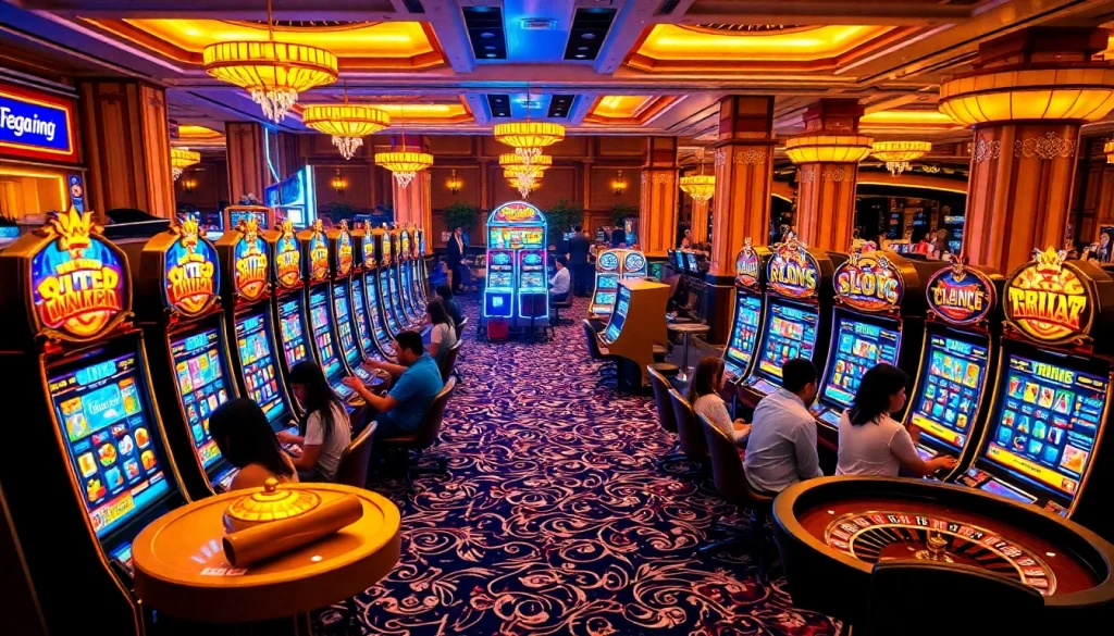 Experience the thrill of slot online Naga169 featured in a luxurious casino environment filled with players and slot machines.