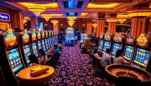 Experience the thrill of slot online Naga169 featured in a luxurious casino environment filled with players and slot machines.