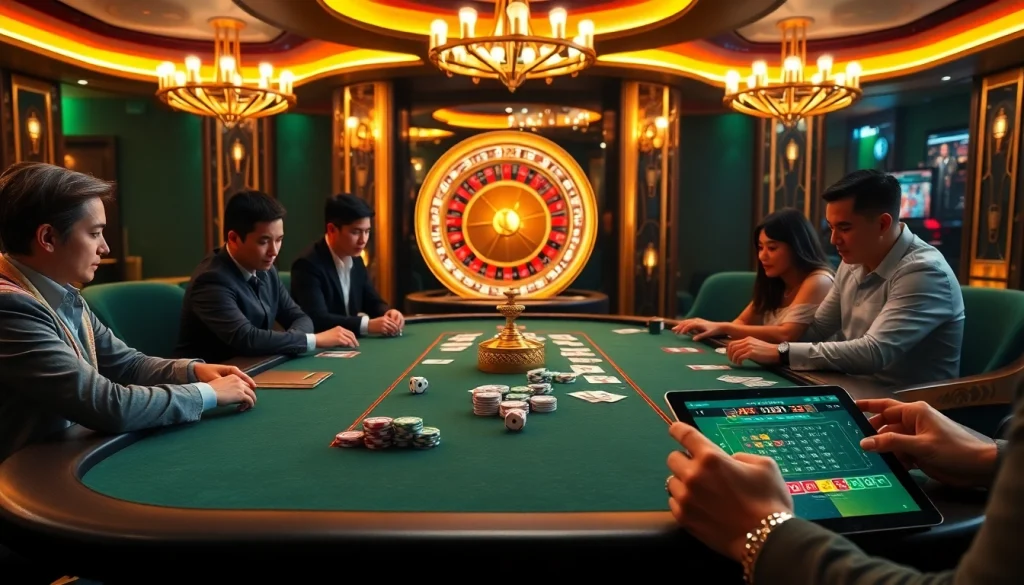Players enjoying a thrilling high-stakes game at nhà cái luck8 casino table, showcasing poker chips and cards.