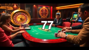 Experienced players strategize at a poker table in a casino, where seven 77 is highlighted in the betting interface.