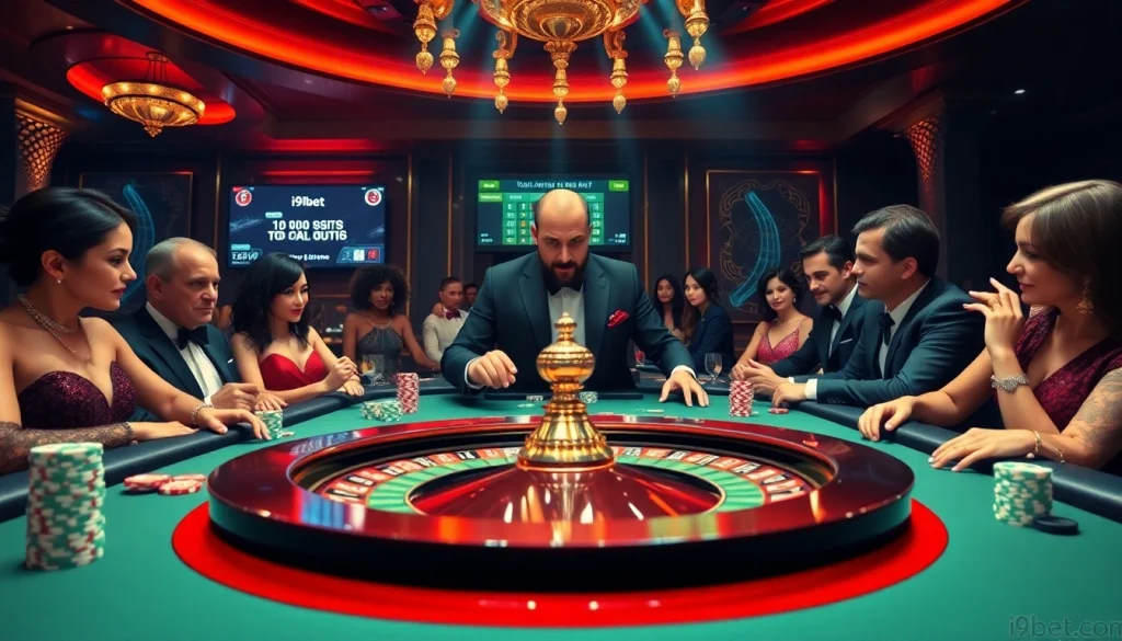 I9BET.com roulette table with players betting and a dealer, showcasing an exciting casino atmosphere.