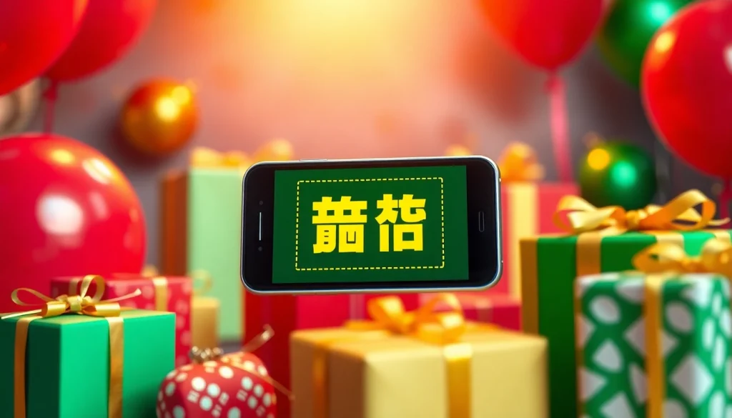 모바일쿠폰이 있는 스마트폰과 함께 생동감 넘치는 축제의 풍경을 전시합니다.