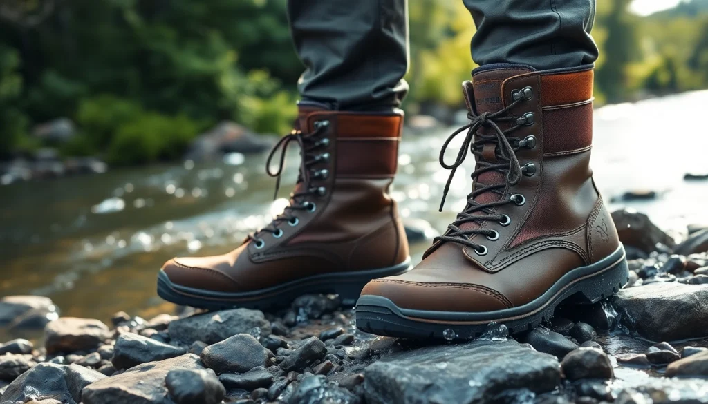 Fly fishing boots placed on a riverbank, showcasing their rugged design and outdoor durability.