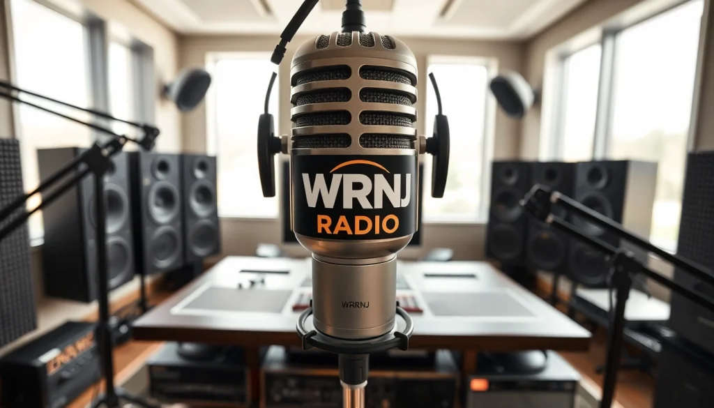 Capture the energy of WRNJ Radio with a sleek broadcasting studio setup.