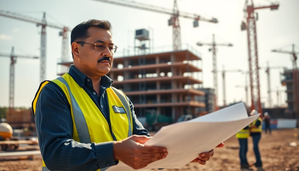 New Jersey Construction Manager inspecting blueprints on a bustling construction site.