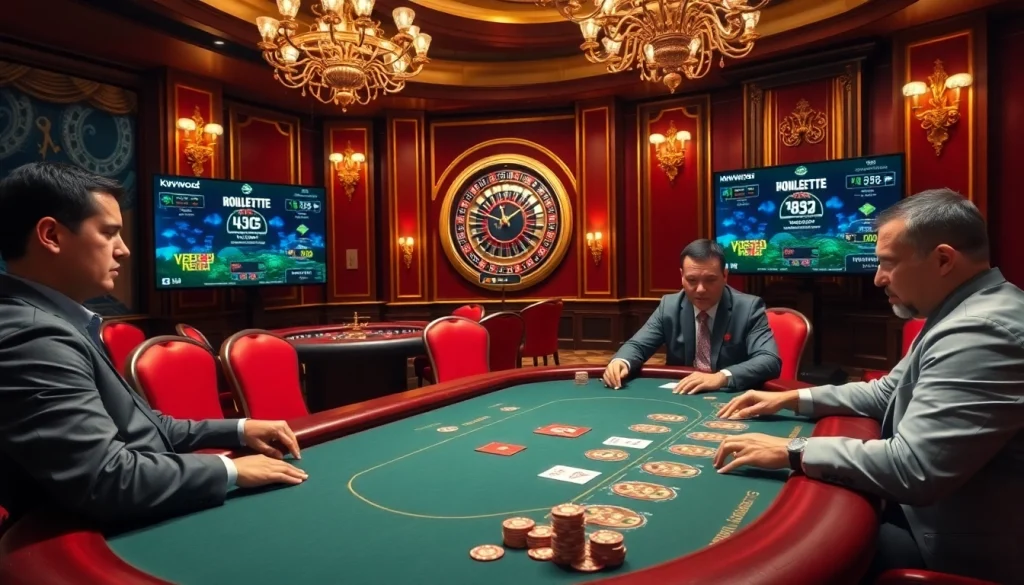 Xem tỷ số trực tuyến 7m at a luxurious casino with poker players and roulette.