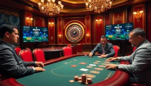 Xem tỷ số trực tuyến 7m at a luxurious casino with poker players and roulette.