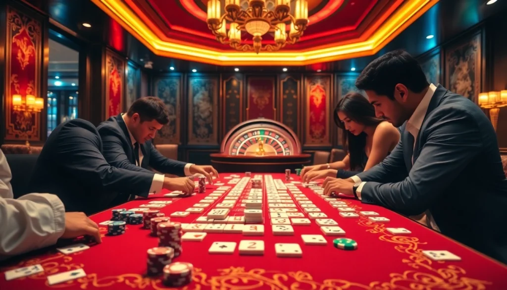 Pemain yang terlibat menghubungkan ubin dalam link mahjong di meja kasino mewah.