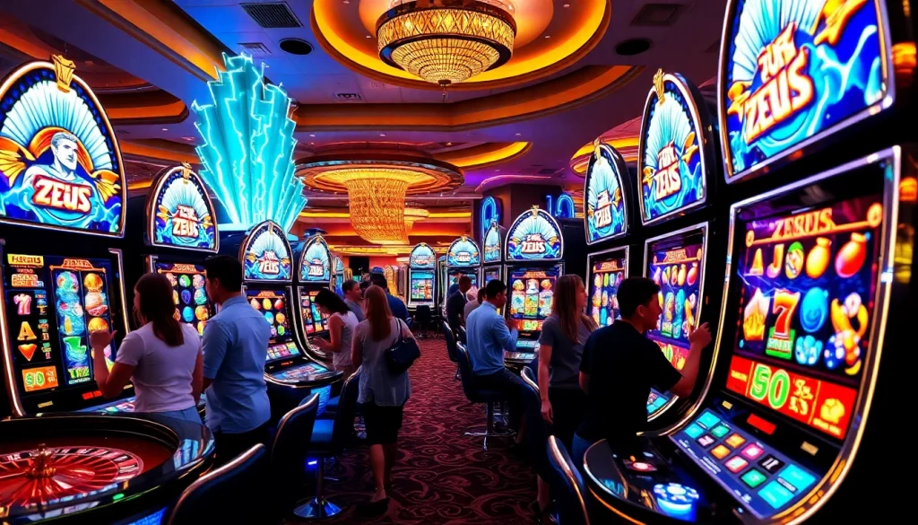 Play exciting zeus slot machines in a vibrant casino atmosphere with players engaged and winning.