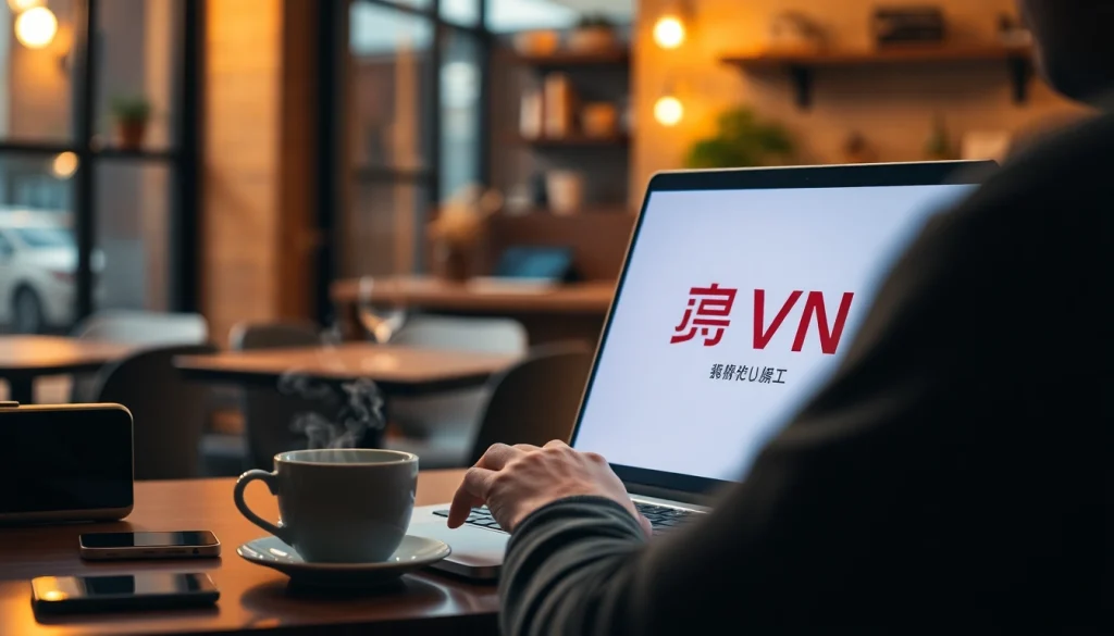 温馨咖啡馆环境中的快连 VPN 连接，桌上有笔记本电脑和咖啡杯。