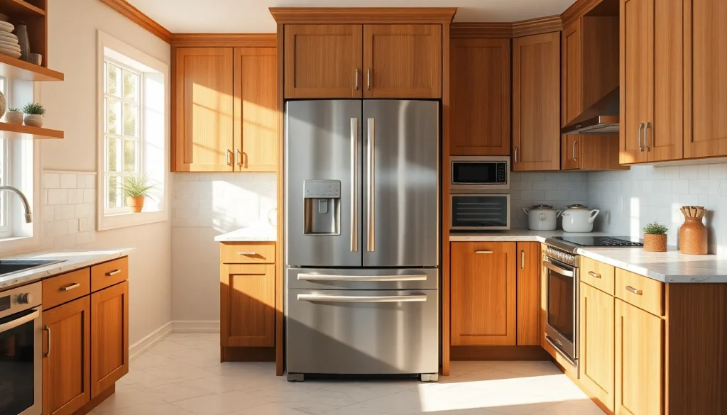 Showcase refrigerator sales with a sleek modern refrigerator in a bright kitchen setting.