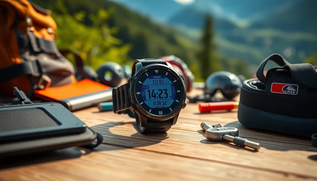 Showcasing the Explorer Plus GPS Smart Watch on a table with sports gear, highlighting its features.