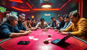 Engaging in IDN Poker at a vibrant casino table with dynamic players and colorful chips.