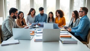 PMP exam support collaboration in a modern study space filled with focused learners.
