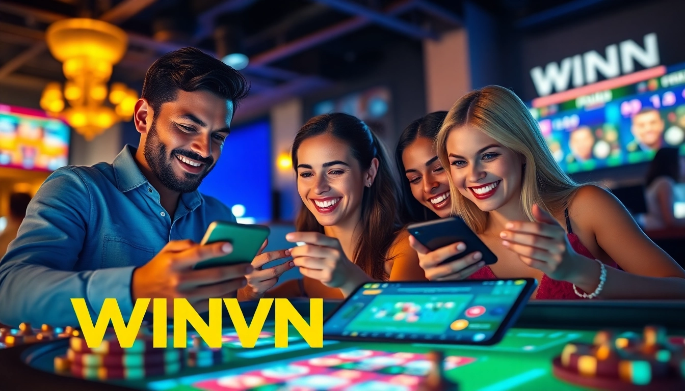 Exciting gameplay at WINVN showcased through diverse players enjoying sports betting and casino games on modern devices.