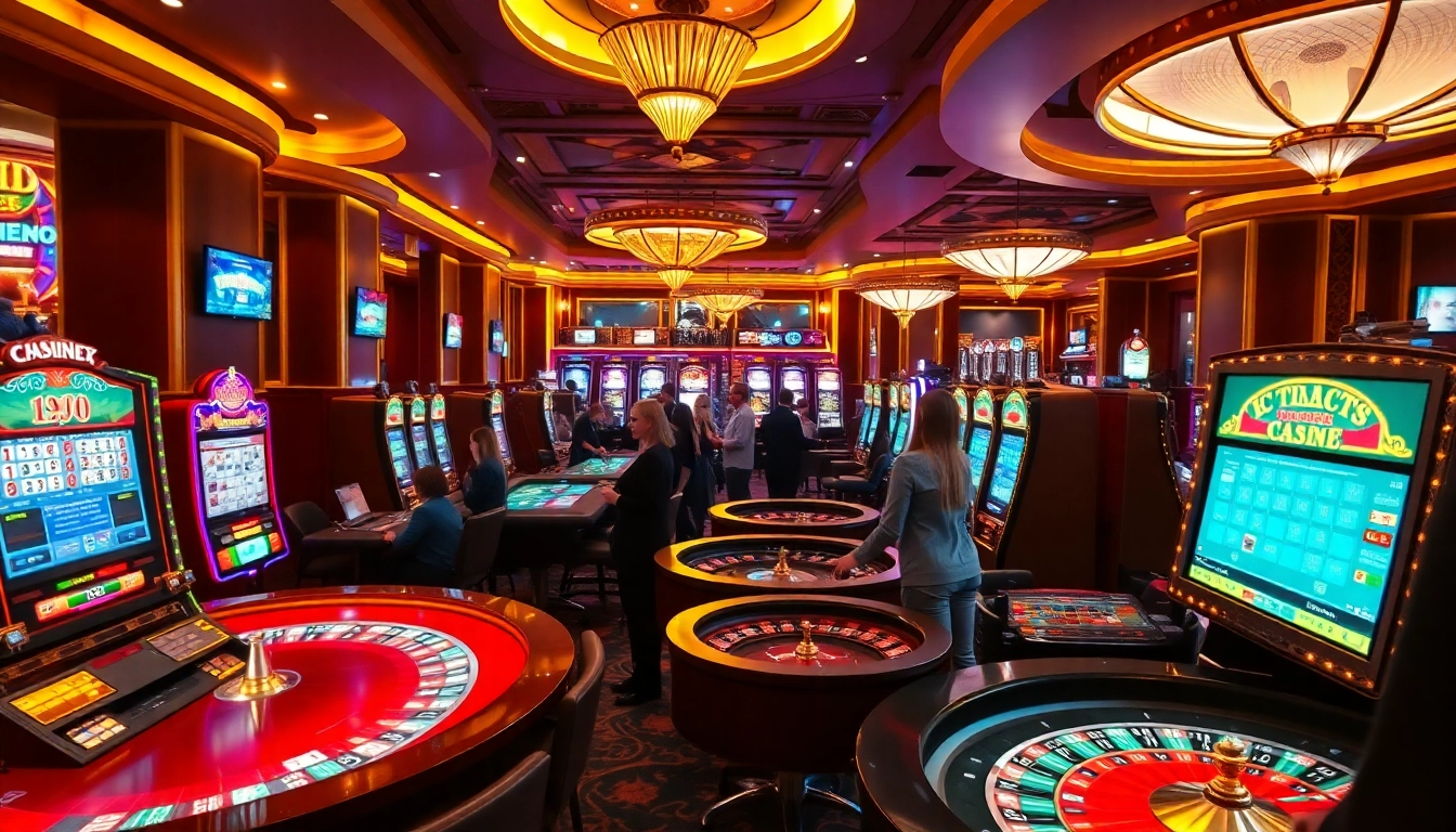 Jutawanbet menampilkan suasana kasino yang meriah dengan mesin slot dan meja roulette.