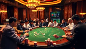 Tài xỉu md5 vin players immersed in high-stakes action at a luxurious casino table with colorful chips and dice.