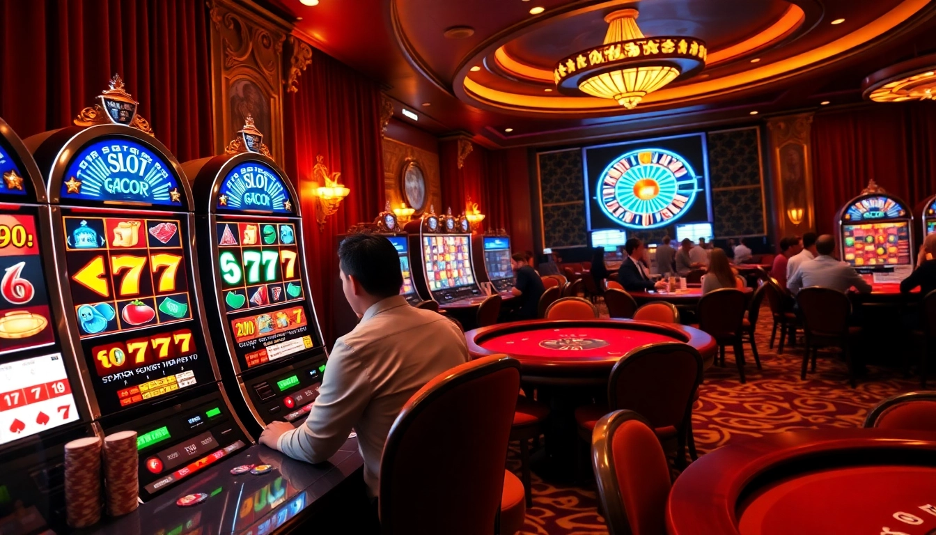 Engaging gambler spins slot gacor 777 machine in a luxurious casino setting.